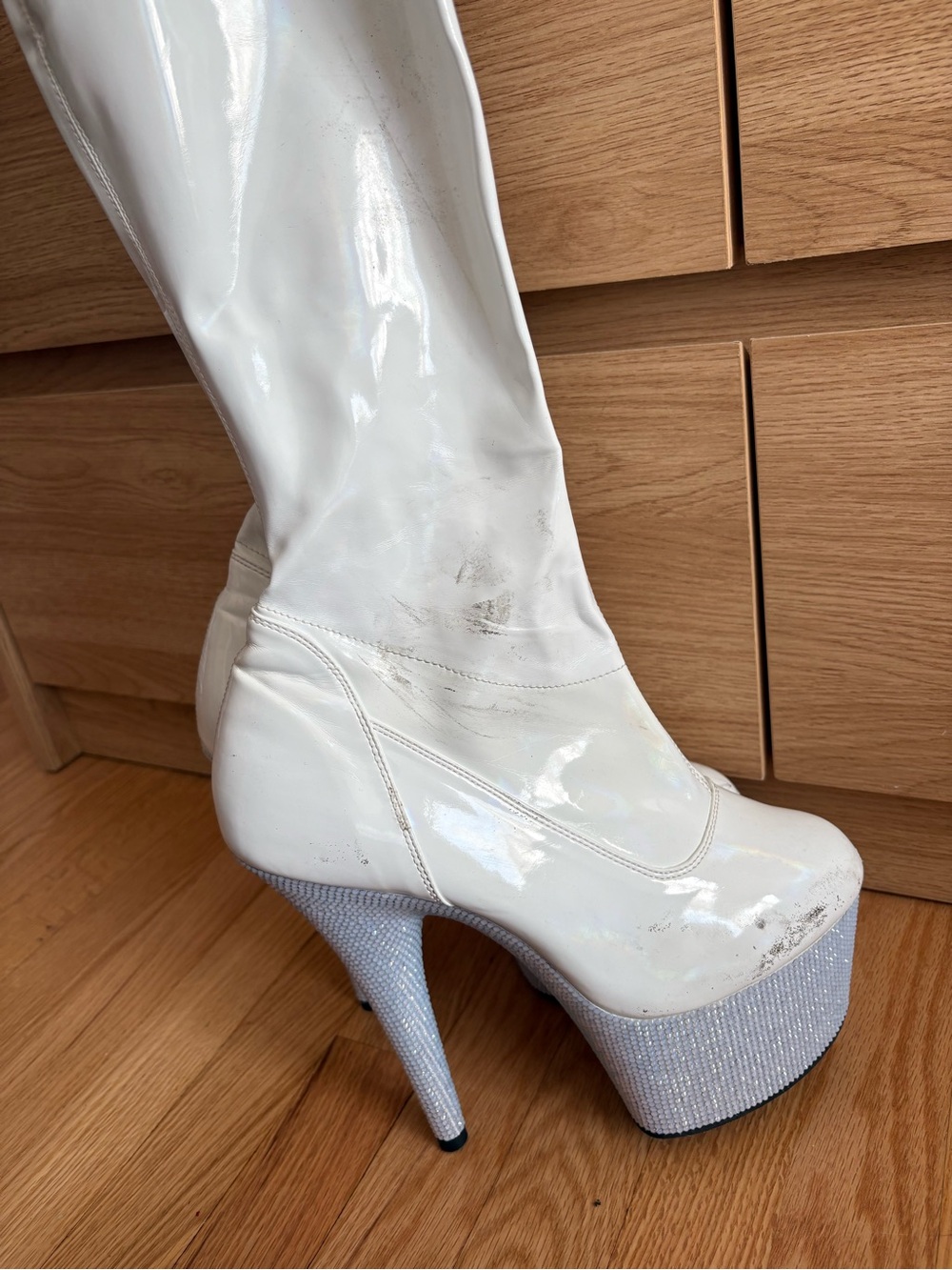 White Rhinestone Platform Stiletto Boots - Picture 5 of 6